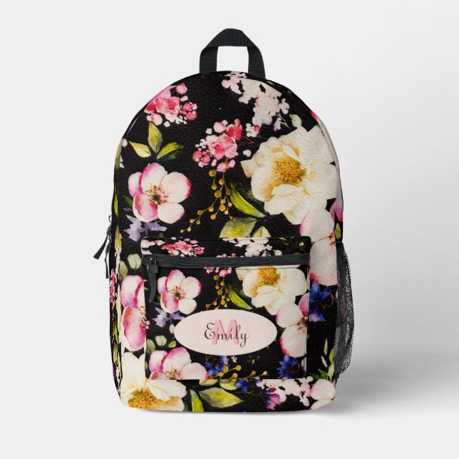 Watercolor Pink Yellow Roses on black, Monogram Printed Backpack (Front)