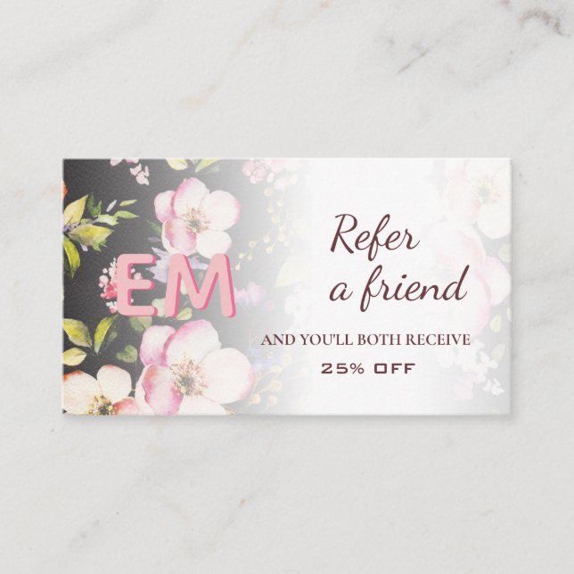 Watercolor Pink Yellow Roses on black, Monogram Referral Card (Front)