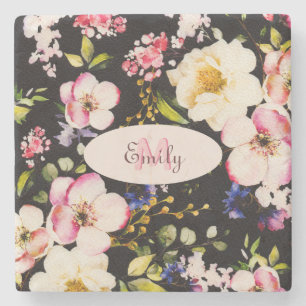 Watercolor Pink Yellow Roses on black, Monogram Stone Coaster
