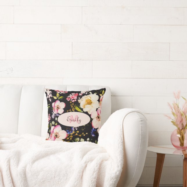 Watercolor Pink Yellow Roses on black, Monogram Throw Pillow (Couch)