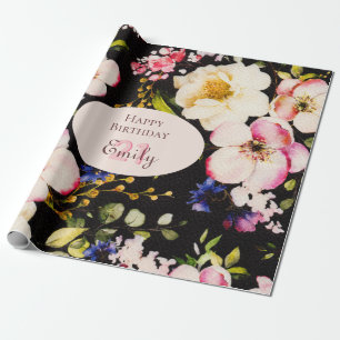 Watercolor Pink Yellow Roses on black, Monogram Wrapping Paper