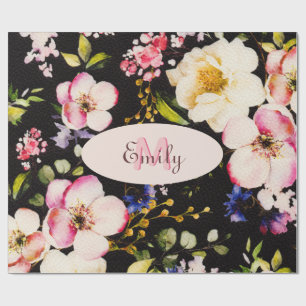 Watercolor Pink Yellow Roses on black, Monogram Wrapping Paper