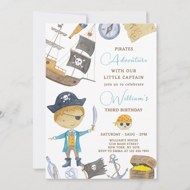 Watercolor Pirate Birthday Invitation (Front)