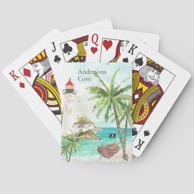 Watercolor Pirate Cove Summer Playing Cards (Back)