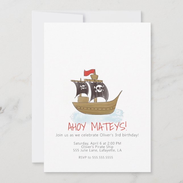 Watercolor Pirate Ship Birthday Invitation (Front)