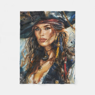 Watercolor Pirate Woman Portrait Fleece Blanket