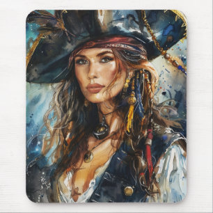 Watercolor Pirate Woman Portrait Mouse Pad