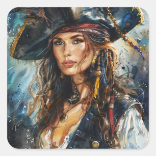 Watercolor Pirate Woman Portrait Square Sticker