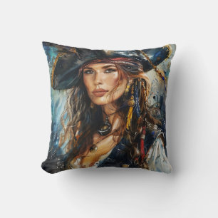 Watercolor Pirate Woman Portrait Throw Pillow