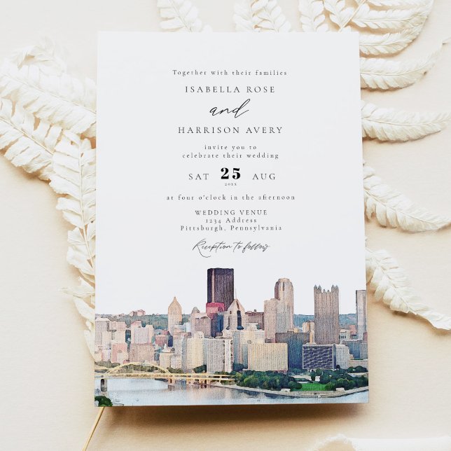 Watercolor Pittsburgh Pennsylvania Skyline Wedding Invitation (Creator Uploaded)