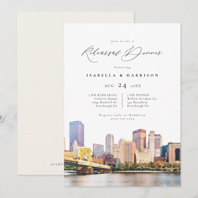 Watercolor Pittsburgh Skyline Wedding Rehearsal In Invitation (Front/Back)
