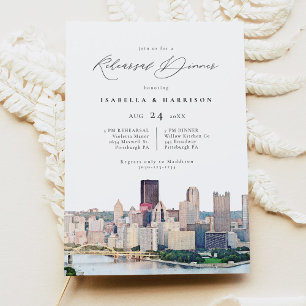 Watercolor Pittsburgh Skyline Wedding Rehearsal Invitation
