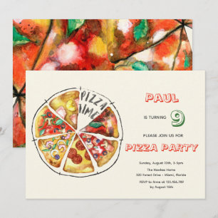 Watercolor pizza party birthday invitation