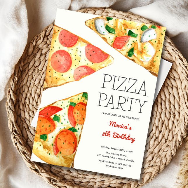 Watercolor pizza party birthday invitation (Creator Uploaded)