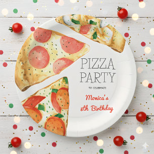 Watercolor pizza party birthday paper plate