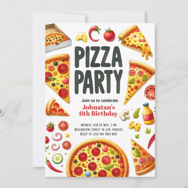 Watercolor Pizza Party Birthday Party Invitation (Front)