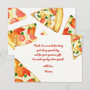Watercolor pizza party birthday thank you card