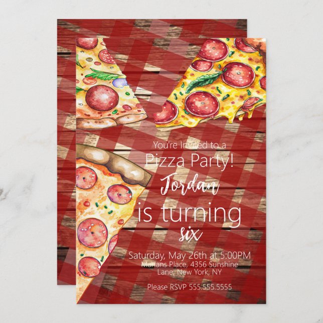 Watercolor Pizza Pie Slices Birthday Party Script  Invitation (Front/Back)