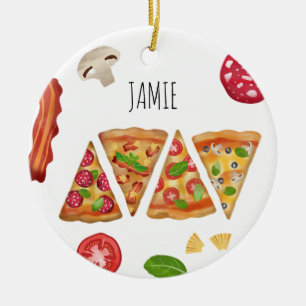Watercolor Pizza Slices Pattern Custom Name Ceramic Ornament
