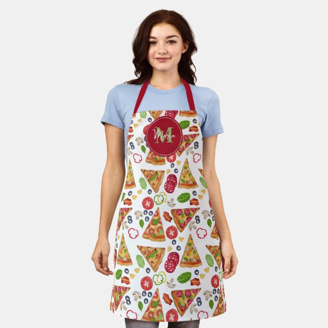 Watercolor Pizza Slices Pattern Italian Monogram Apron (Worn)