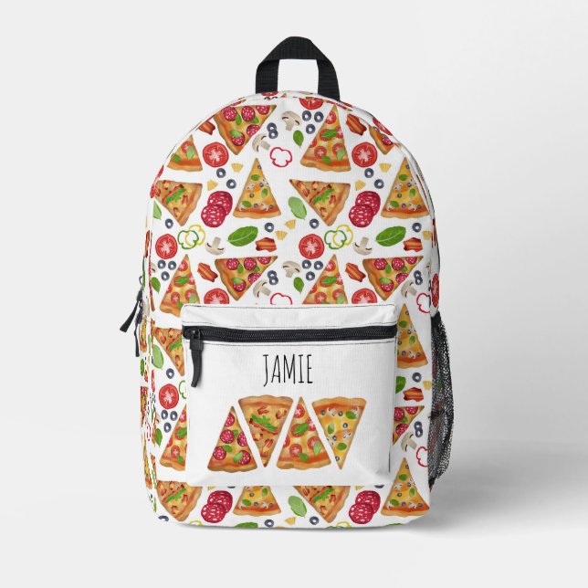 Watercolor Pizza Slices Pattern Kids Name School Printed Backpack (Front)