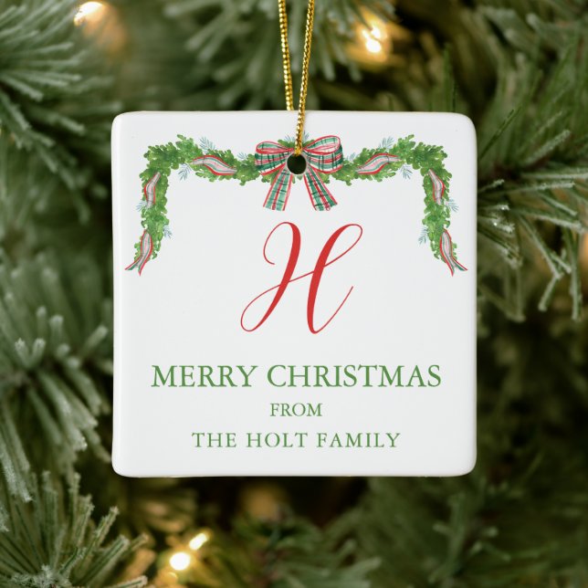 Watercolor Plaid Bow Garland Christmas Ceramic Ornament (Tree)
