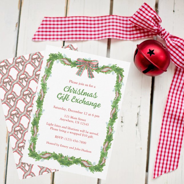Watercolor Plaid Bow Garland Christmas Invitation (Creator Uploaded)
