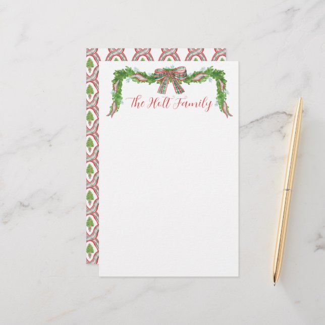 Watercolor Plaid Bow Garland Christmas Stationery (Front/Back In Situ)