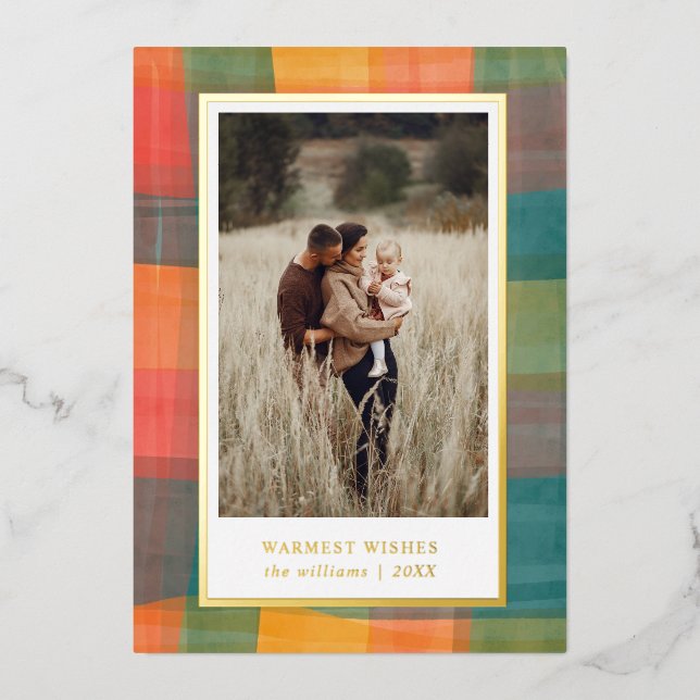 Watercolor Plaid | Green Orange Photo Holiday (Front)