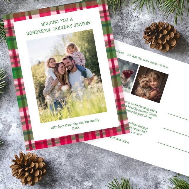 Watercolor Plaid Handmade Christmas Custom 3 Photo Holiday Postcard (Watercolor Plaid Handmade Christmas Custom 3 Photo Holiday Postcard
)
