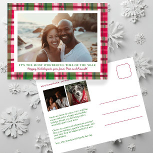 Watercolor Plaid Handmade Christmas Custom 3 Photo Holiday Postcard