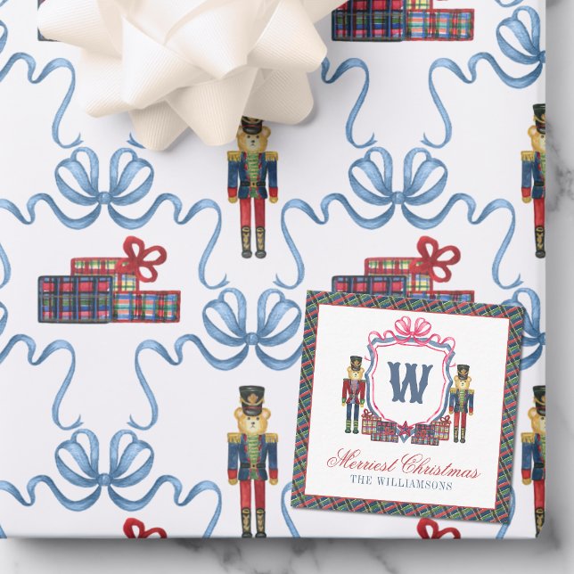 Watercolor Plaid Nutcracker Bear Monogram Crest Card (Creator Uploaded)