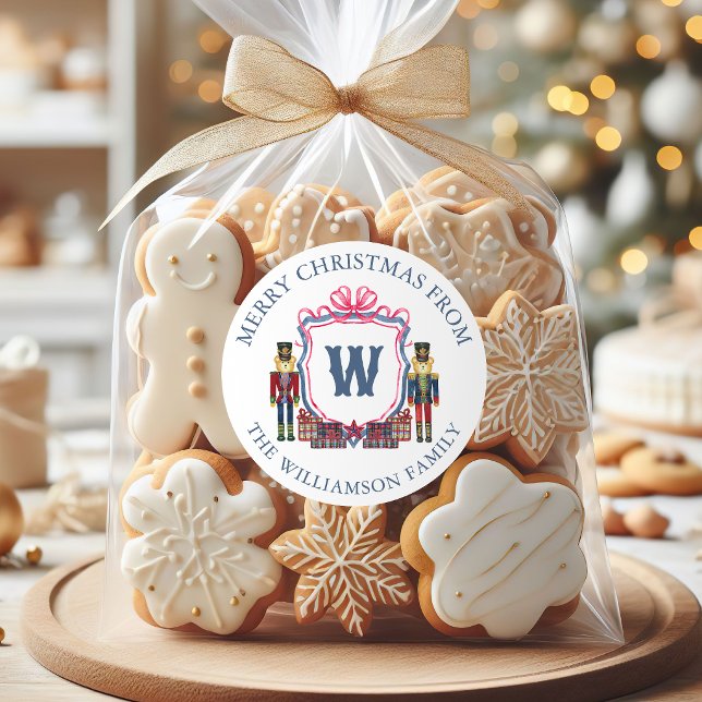Watercolor Plaid Nutcracker Bear Monogram Crest Classic Round Sticker (Creator Uploaded)