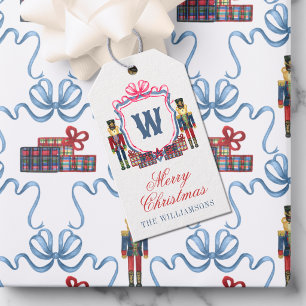 Watercolor Plaid Nutcracker Bear Monogram Crest Gift Tags