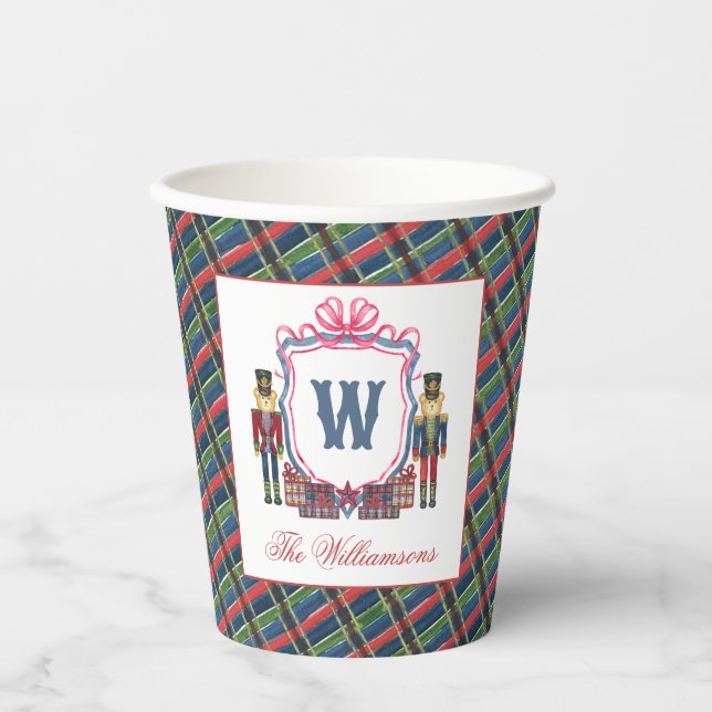 Watercolor Plaid Nutcracker Bear Monogram Crest Paper Cups (Front)