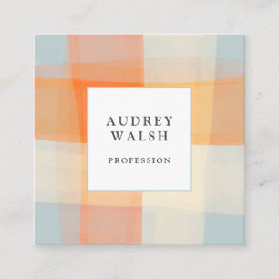 Watercolor Plaid Orange Cream Blue QR CODE Square Business Card