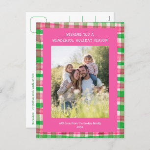 Watercolor Plaid Pink Christmas Custom 3 Photo  Holiday Postcard