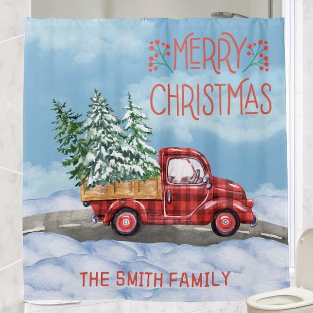 Watercolor Plaid Red Truck Snow Family Christmas (Watercolor Plaid Red Truck Snow Family Christmas Shower Curtain)