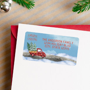 Watercolor Plaid Red Truck Snow Merry Christmas Label