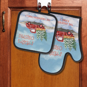 Watercolor Plaid Red Truck Snow Merry Christmas Oven Mitt & Pot Holder Set