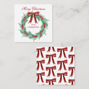 Watercolor Plaid Ribbon Wreath Christmas Enclosure Card
