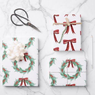 Watercolor Plaid Ribbon Wreath Christmas Wrapping Paper Sheet