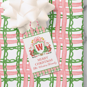 Watercolor Plaid Santa Monogram Crest Gift Tags