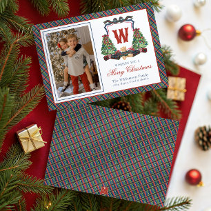 Watercolor Plaid Sweater Bear Monogram Crest Holiday Card