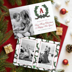 Watercolor Plaid Tartan Laurel Wreath Monogram Holiday Card