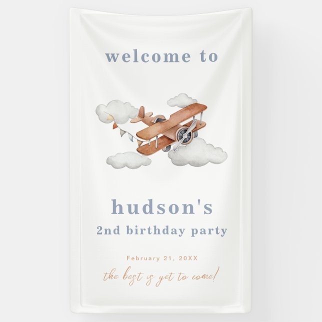 Watercolor Plane Birthday Welcome Banner (Vertical)