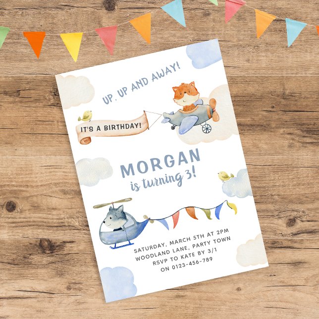 Watercolor Plane Cute Animals Birthday Party Invitation (Creator Uploaded)