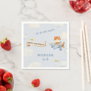 Watercolor Plane Cute Fox Birthday Party Napkin