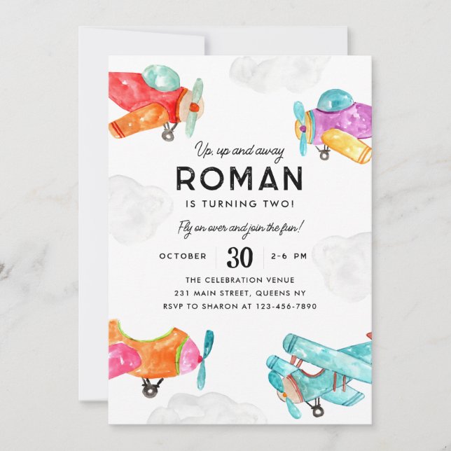 Watercolor Planes Clouds Sky Kid Airplane Birthday Invitation (Front)