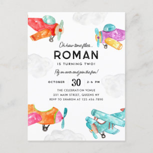 Watercolor Planes Clouds Sky Kid Airplane Birthday Postcard